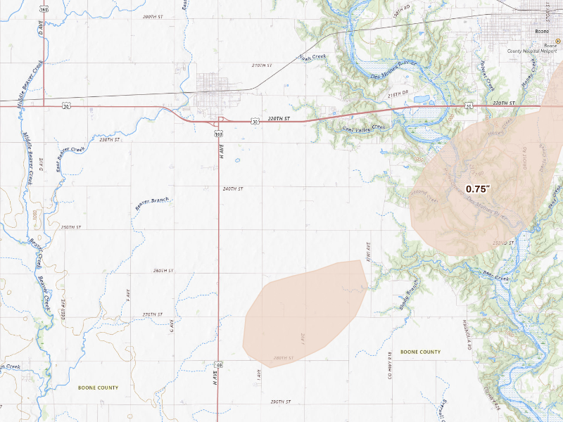 Radar-estimated hail-size map of the storm over Ogden, IA
