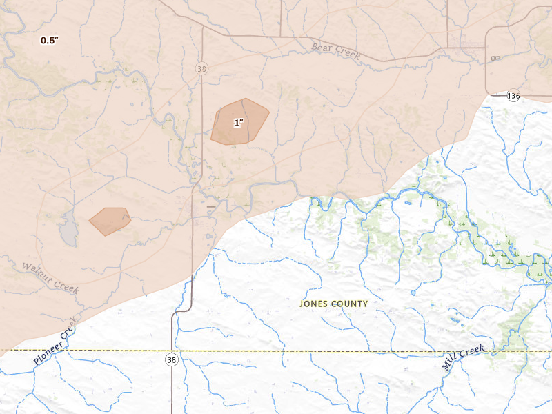 Radar-estimated hail-size map of the storm over Olin, IA on Apr 17, 2026