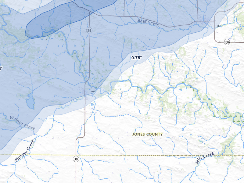 NEXRAD radar-signature map of the hail over Olin, IA