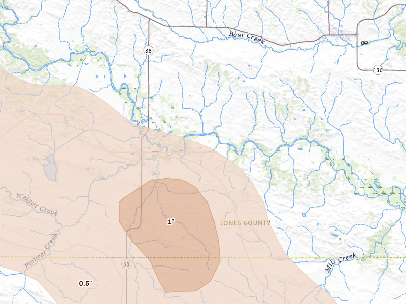 Radar-estimated hail-size map of the storm over Olin, IA on Aug 7, 2026