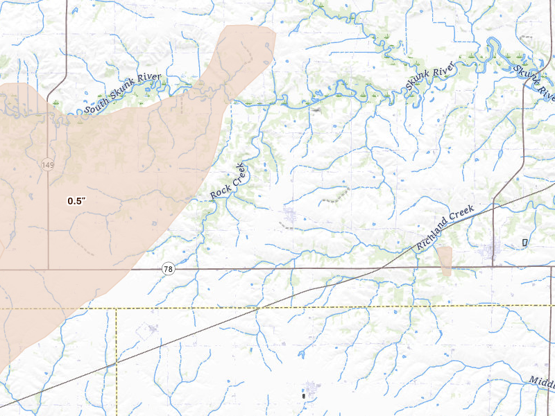 Radar-estimated hail-size map of the storm over Ollie, IA on Apr 17, 2026