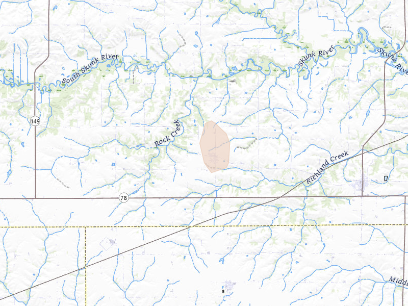 Radar-estimated hail-size map of the storm over Ollie, IA on Apr 23, 2026