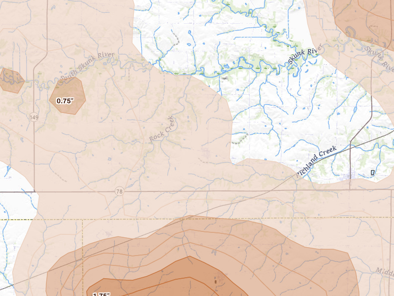 Radar-estimated hail-size map of the storm over Ollie, IA on Aug 7, 2026