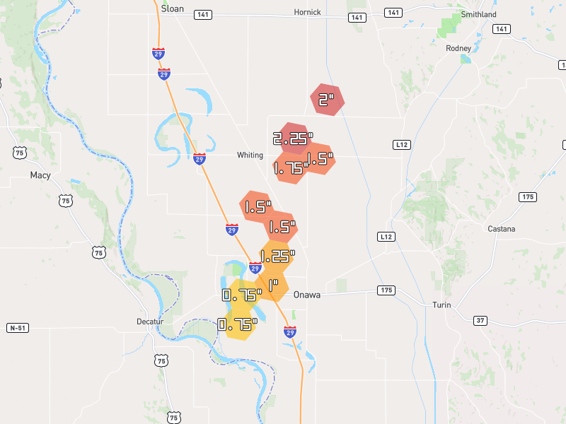 Hail map of Onawa, IA on Jul 1, 2026, hail up to 2.25"