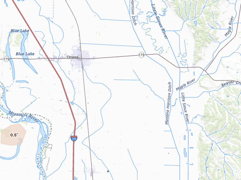 Radar-estimated hail-size map of the storm over Onawa, IA on Jul 2, 2026
