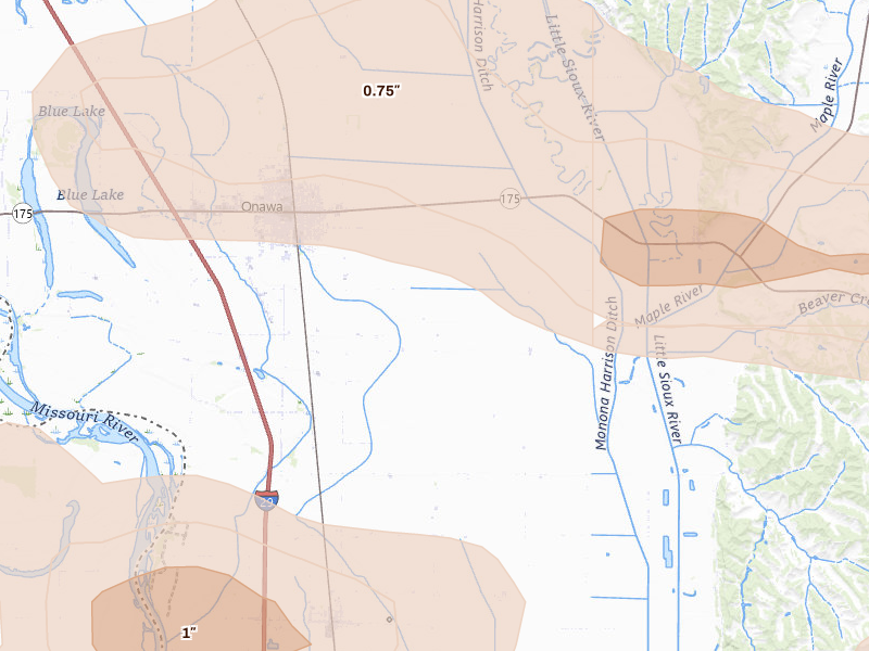 Radar-estimated hail-size map of the storm over Onawa, IA on Jul 8, 2026