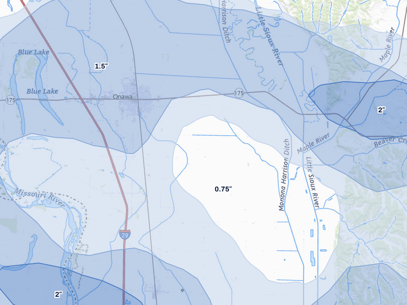 NEXRAD radar-signature map of the hail storm over Onawa, IA on Jul 8, 2026