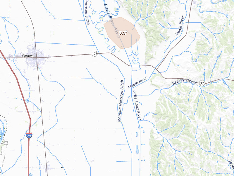 Radar-estimated hail-size map of the storm over Onawa, IA on Aug 8, 2026