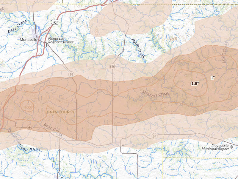 Radar-estimated hail-size map of the storm over Onslow, IA