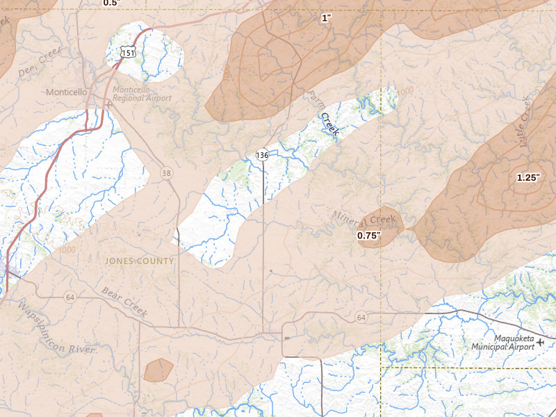 Radar-estimated hail-size map of the storm over Onslow, IA on Apr 17, 2026