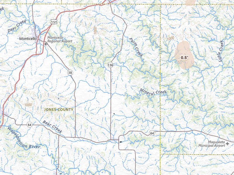 Radar-estimated hail-size map of the storm over Onslow, IA on Apr 23, 2026