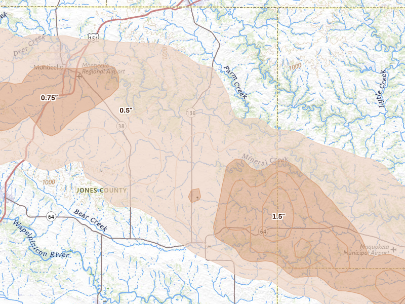 Radar-estimated hail-size map of the storm over Onslow, IA on Jun 28, 2026