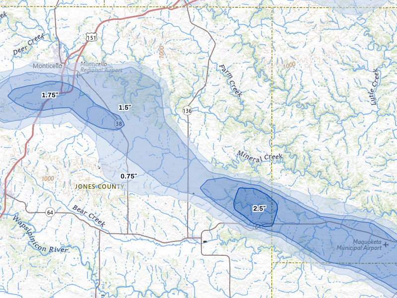 NEXRAD radar-signature map of the hail storm over Onslow, IA on Jun 28, 2026
