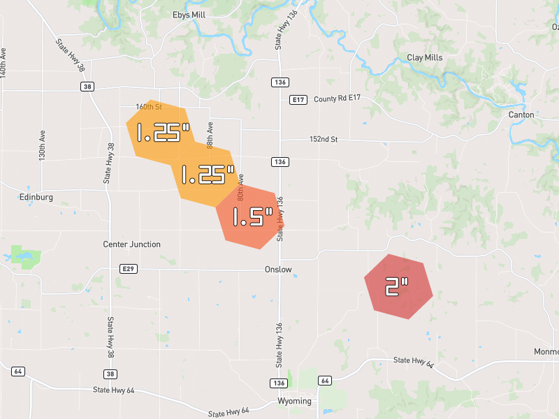 Hail map of Onslow, IA on Jun 28, 2026, hail up to 2"