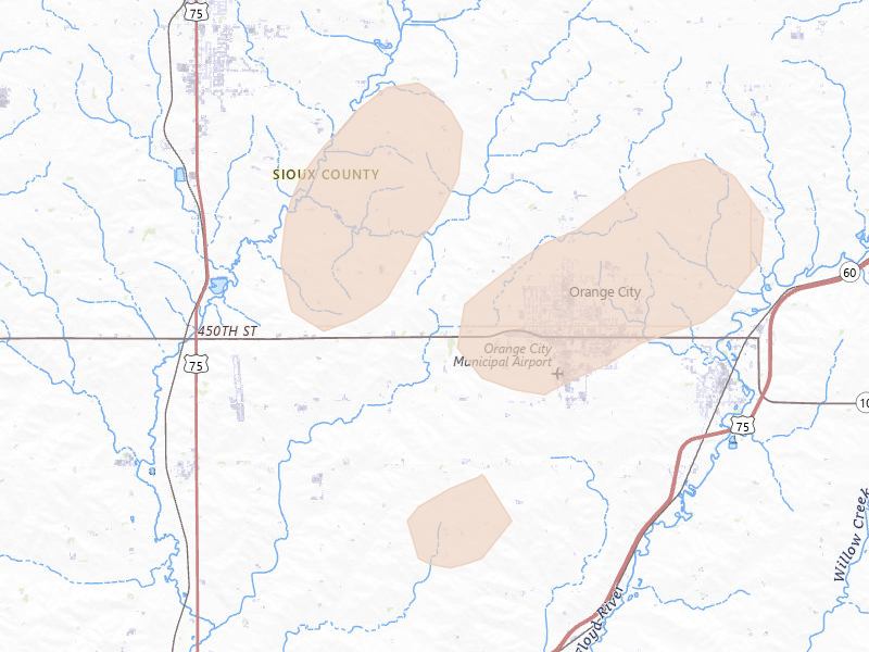 Radar-estimated hail-size map of the storm over Orange City, IA on Jul 2, 2026