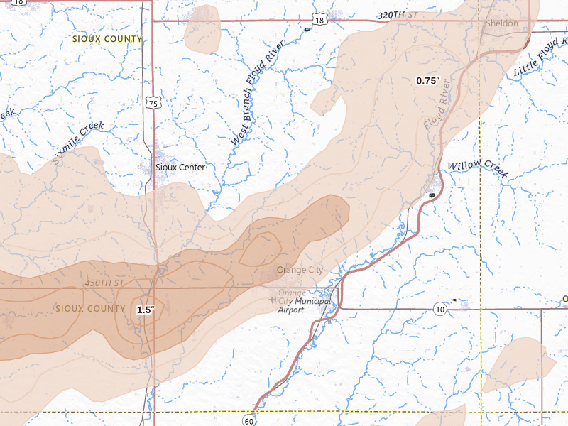 Radar-estimated hail-size map of the storm over Orange City, IA on Sep 1, 2026