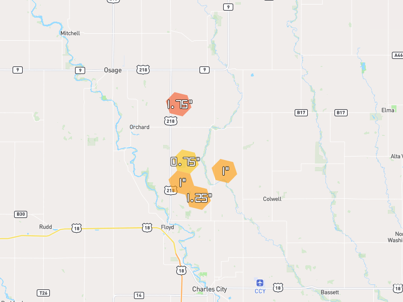 Hail map of Orchard, IA on Jul 2, 2026, hail up to 1.75"