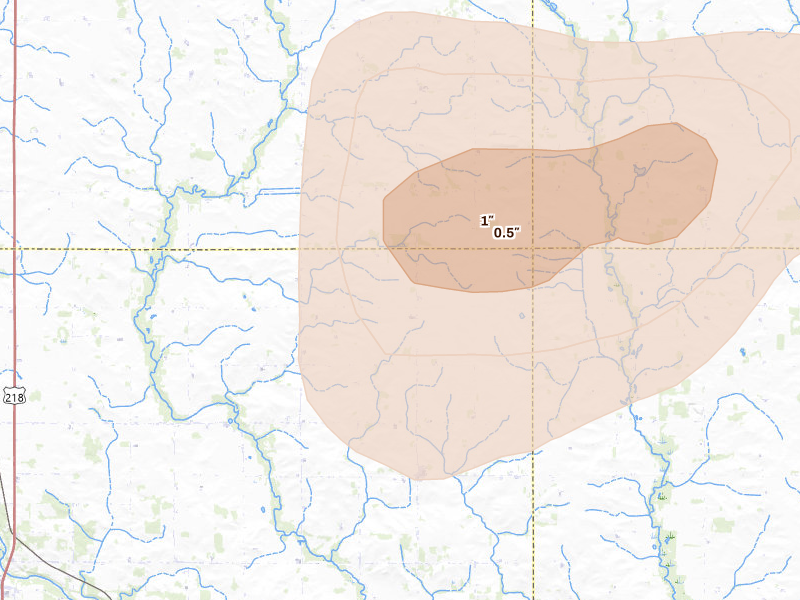 Radar-estimated hail-size map of the storm over Orchard, IA on Aug 11, 2026