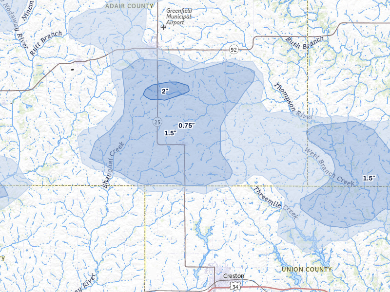 NEXRAD radar-signature map of the hail storm over Orient, IA on Jun 5, 2026