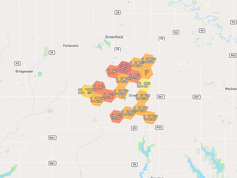 Hail map of Orient, IA on Jun 6, 2026, hail up to 2"