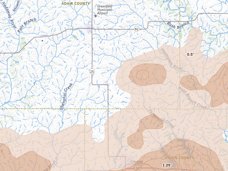 Radar-estimated hail-size map of the storm over Orient, IA on Jun 10, 2026