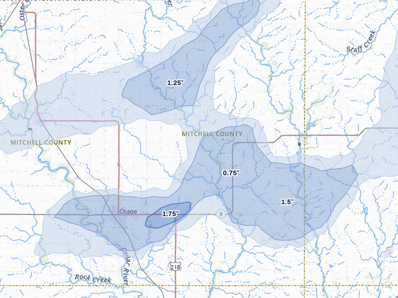 NEXRAD radar-signature map of the hail over Osage, IA