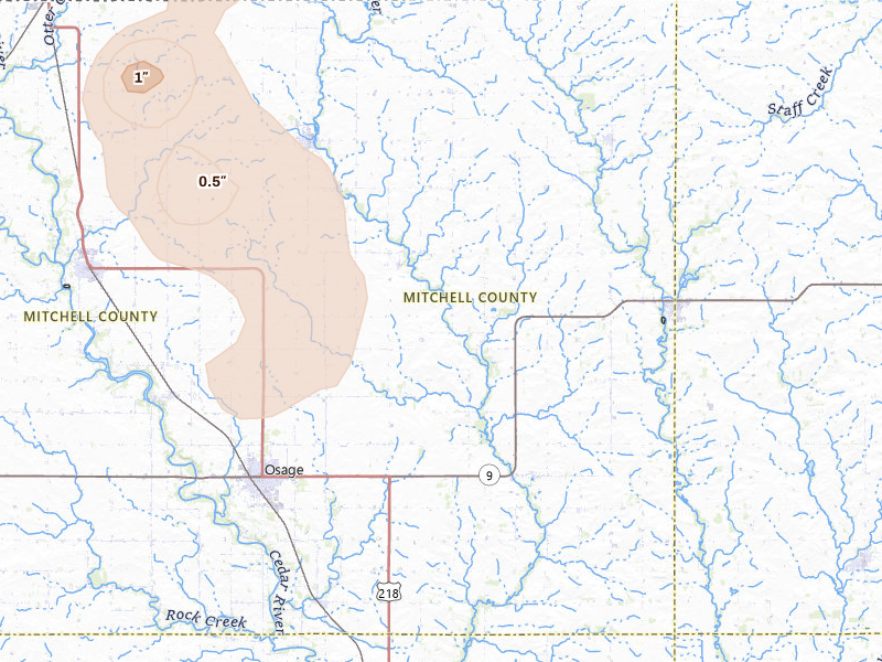 Radar-estimated hail-size map of the storm over Osage, IA on May 26, 2026