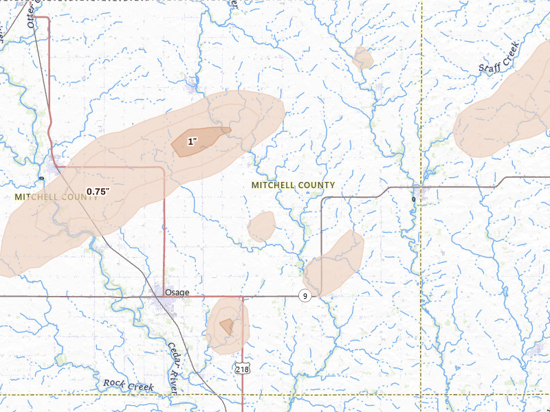 Radar-estimated hail-size map of the storm over Osage, IA on Jul 1, 2026