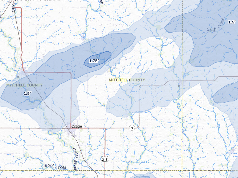 NEXRAD radar-signature map of the hail storm over Osage, IA on Jul 1, 2026