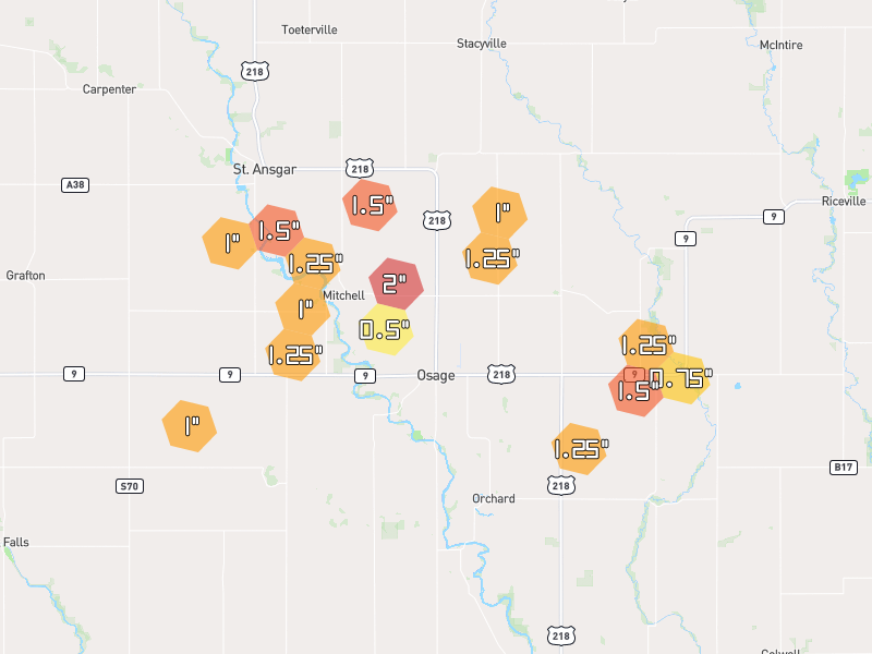 Hail map of Osage, IA on Jul 2, 2026, hail up to 2"