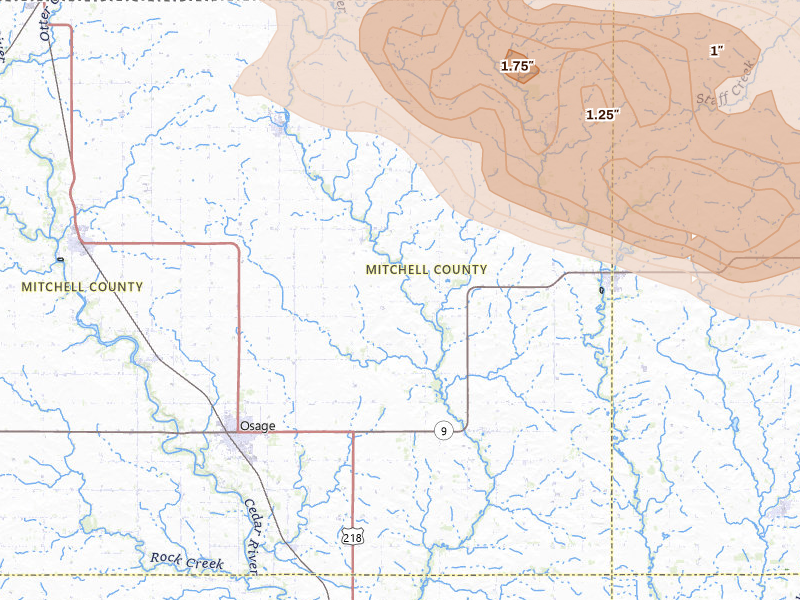 Radar-estimated hail-size map of the storm over Osage, IA on Jul 8, 2026