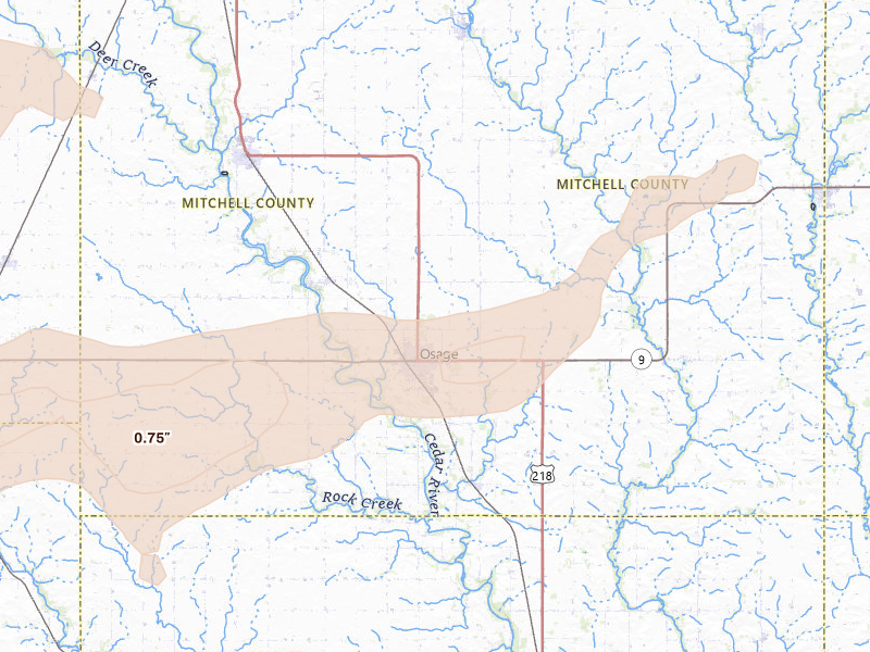 Radar-estimated hail-size map of the storm over Osage, IA on Aug 7, 2026