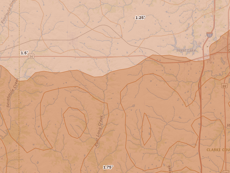 Radar-estimated hail-size map of the storm over Osceola, IA on Jun 11, 2026
