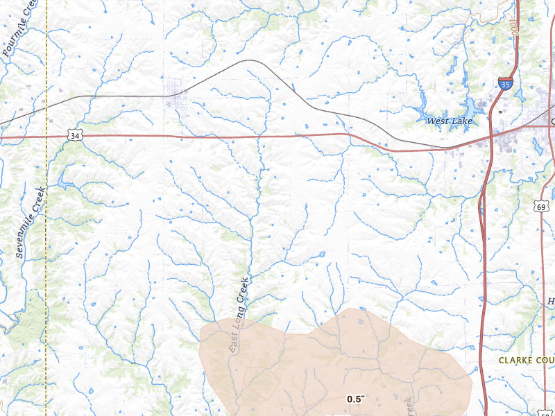 Radar-estimated hail-size map of the storm over Osceola, IA on Jul 27, 2026