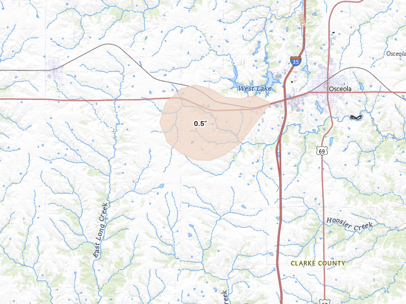 Radar-estimated hail-size map of the storm over Osceola, IA on Aug 4, 2026
