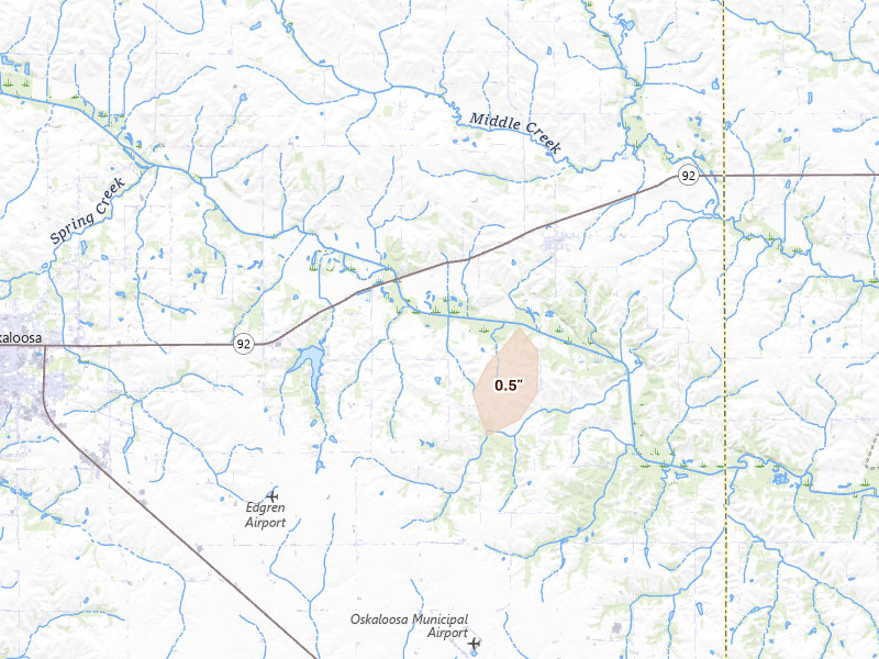 Radar-estimated hail-size map of the storm over Oskaloosa, IA on Jun 10, 2026