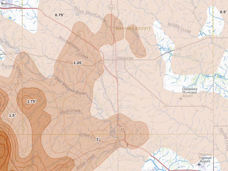 Radar-estimated hail-size map of the storm over Oskaloosa, IA on Jun 11, 2026