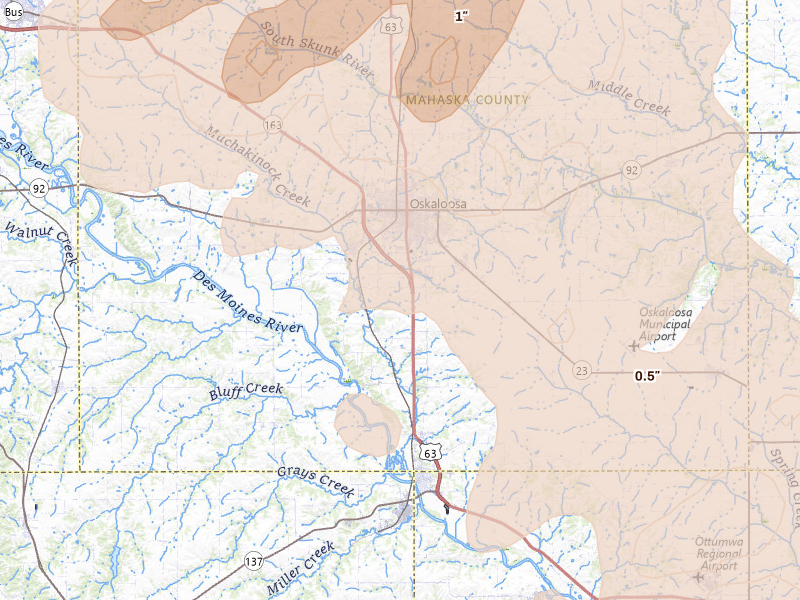 Radar-estimated hail-size map of the storm over Oskaloosa, IA on Jun 17, 2026