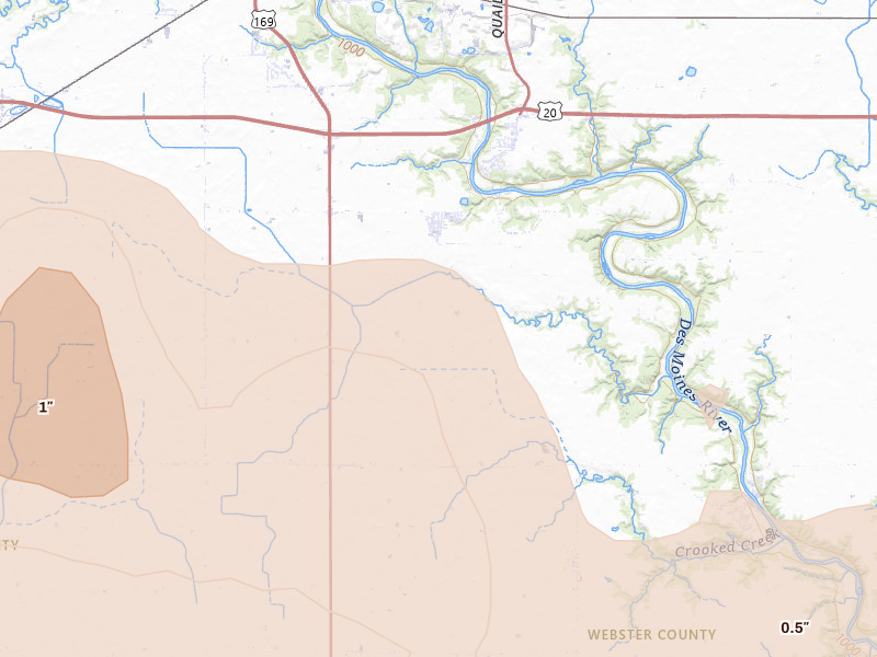 Radar-estimated hail-size map of the storm over Otho, IA on Jun 16, 2026
