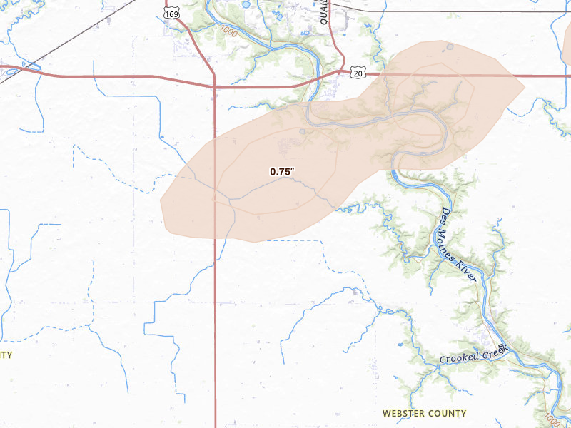 Radar-estimated hail-size map of the storm over Otho, IA on Jun 28, 2026