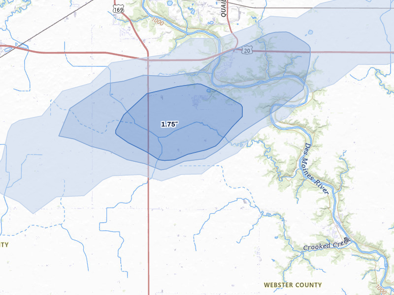 NEXRAD radar-signature map of the hail storm over Otho, IA on Jun 28, 2026