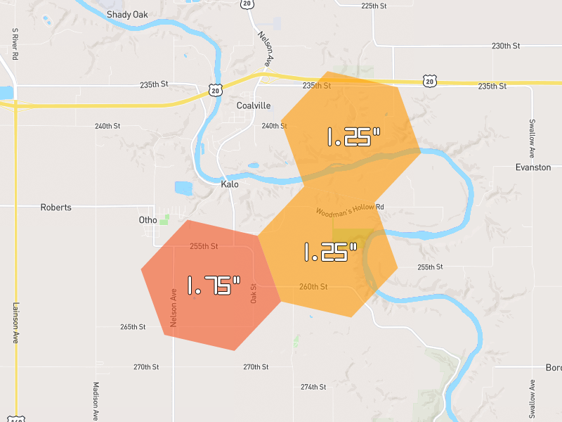Hail map of Otho, IA on Jun 28, 2026, hail up to 1.75"