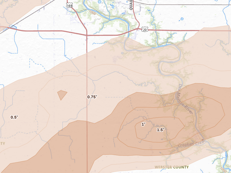 Radar-estimated hail-size map of the storm over Otho, IA on Jul 2, 2026