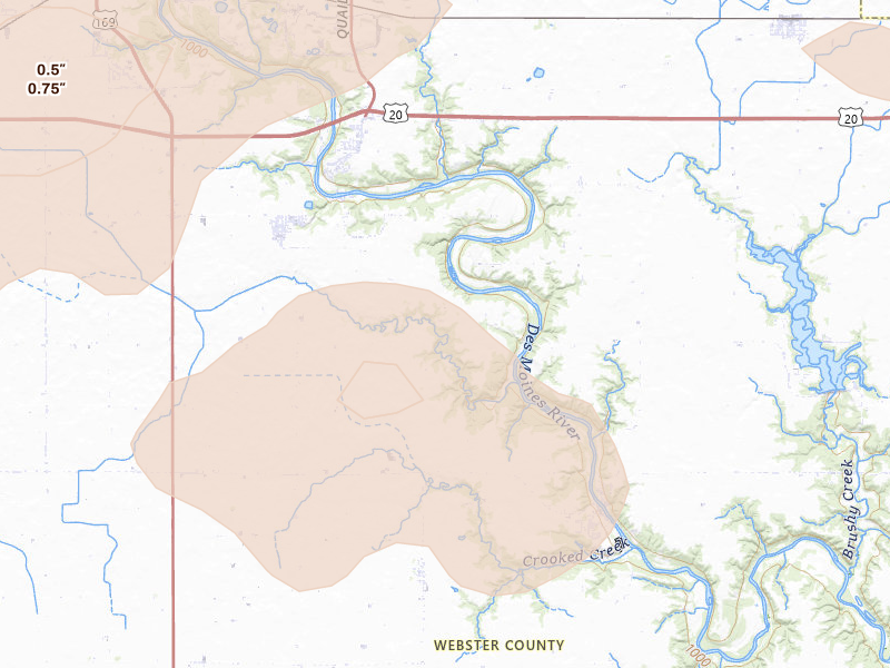 Radar-estimated hail-size map of the storm over Otho, IA on Aug 8, 2026