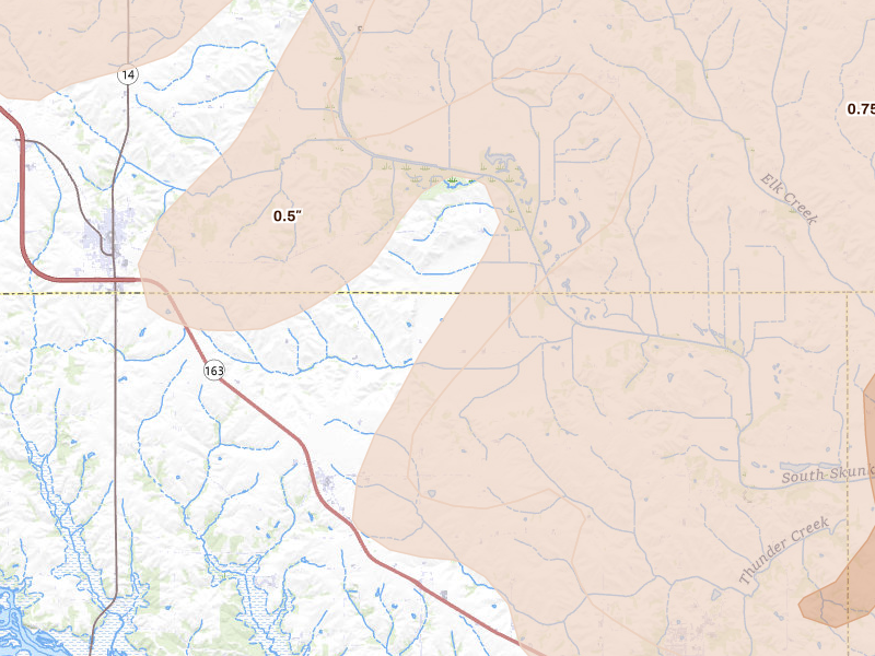 Radar-estimated hail-size map of the storm over Otley, IA on Jun 16, 2026