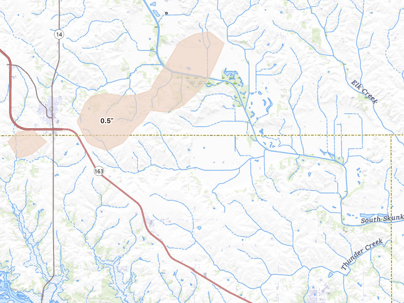 Radar-estimated hail-size map of the storm over Otley, IA on Aug 13, 2026