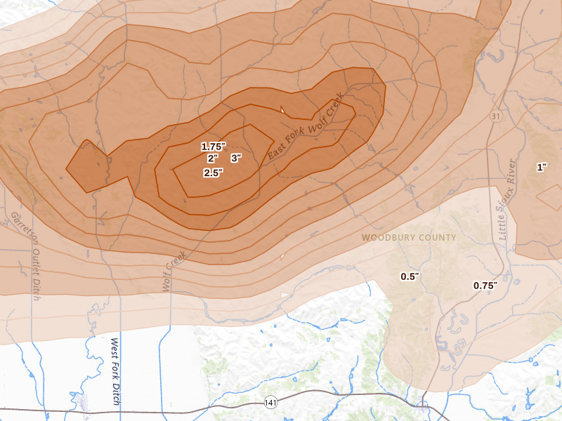 Radar-estimated hail-size map of the storm over Oto, IA on May 15, 2026
