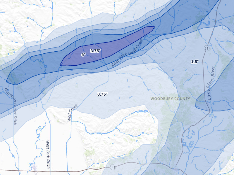 NEXRAD radar-signature map of the hail storm over Oto, IA on May 15, 2026