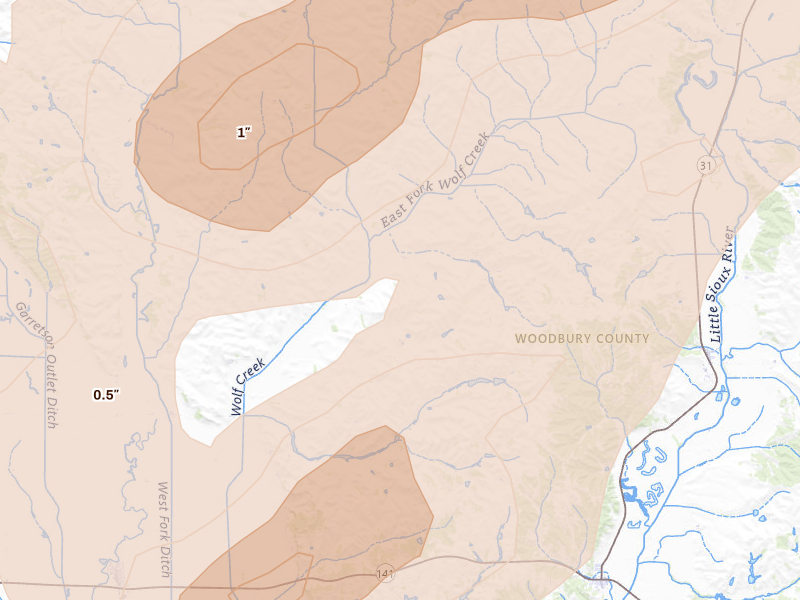 Radar-estimated hail-size map of the storm over Oto, IA on May 18, 2026