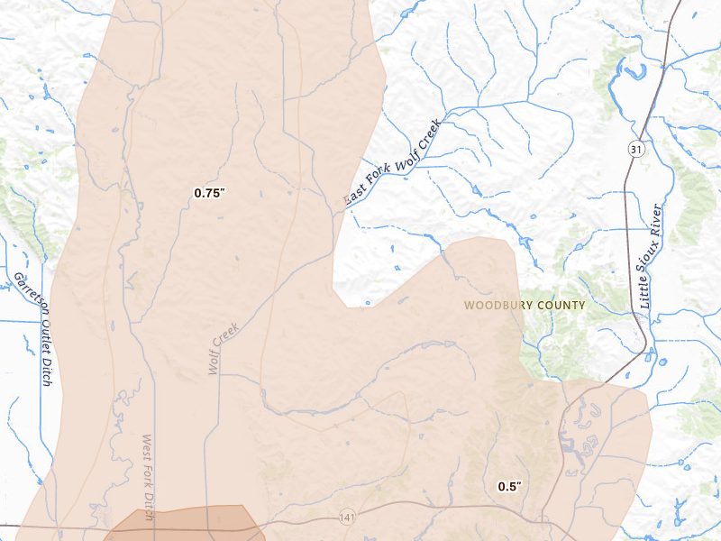 Radar-estimated hail-size map of the storm over Oto, IA on Jun 30, 2026